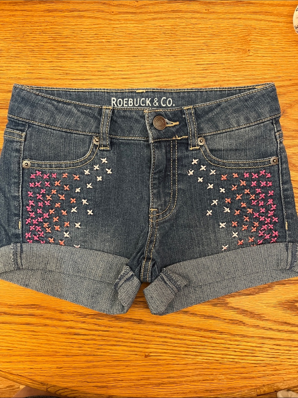 Roebuck & Co Girls Dark Wash Denim Shorts with Pink & White Embroidery